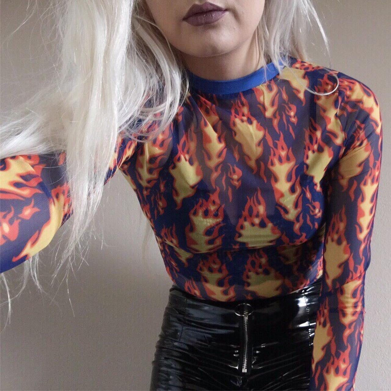 Red Flame Print Mesh Crop Top