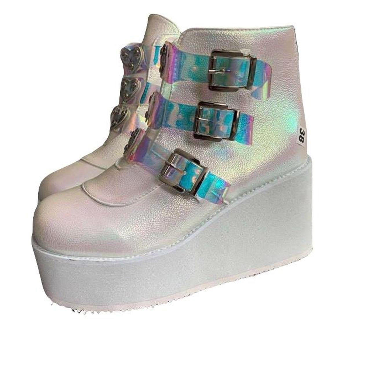 White Metallic Faux Leather Punk Platform Ankle Boots