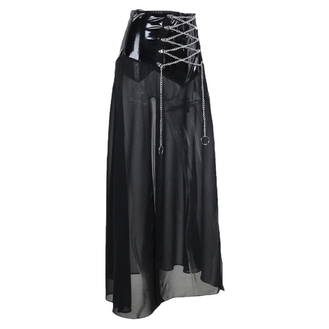 Black Faux Leather Chain Lace Up Mesh Maxi Skirt