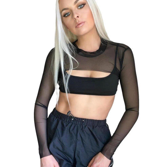 Black Mesh Layering Asymmetric Crop Top