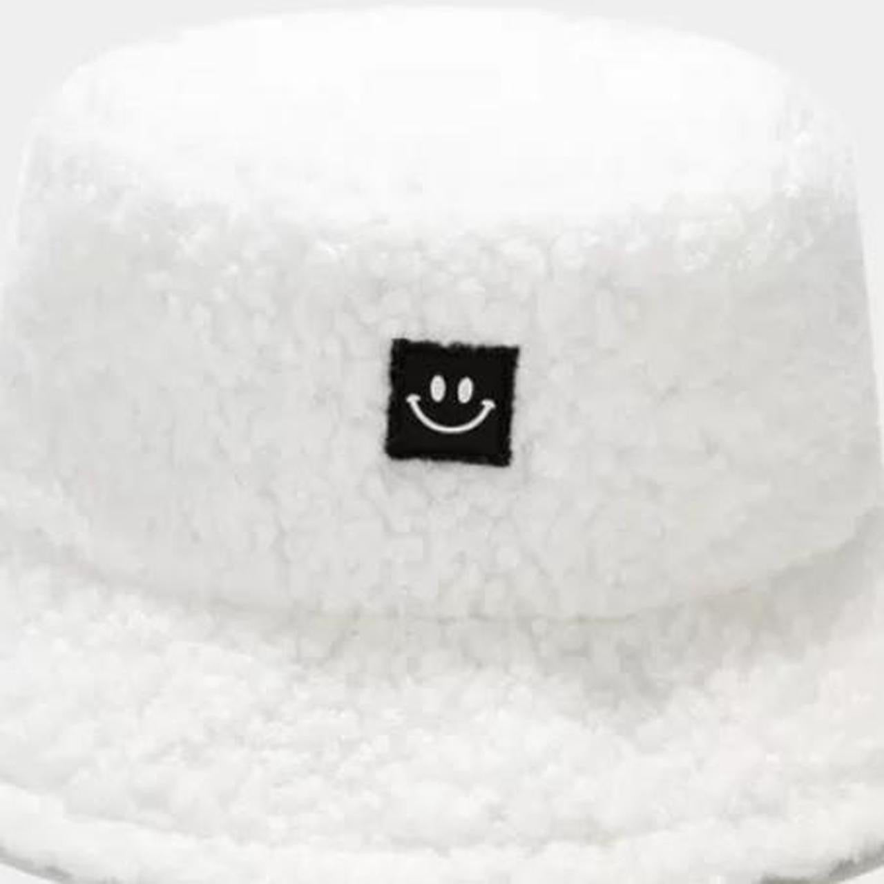 White Fuzzy Smiley Face Bucket Hat