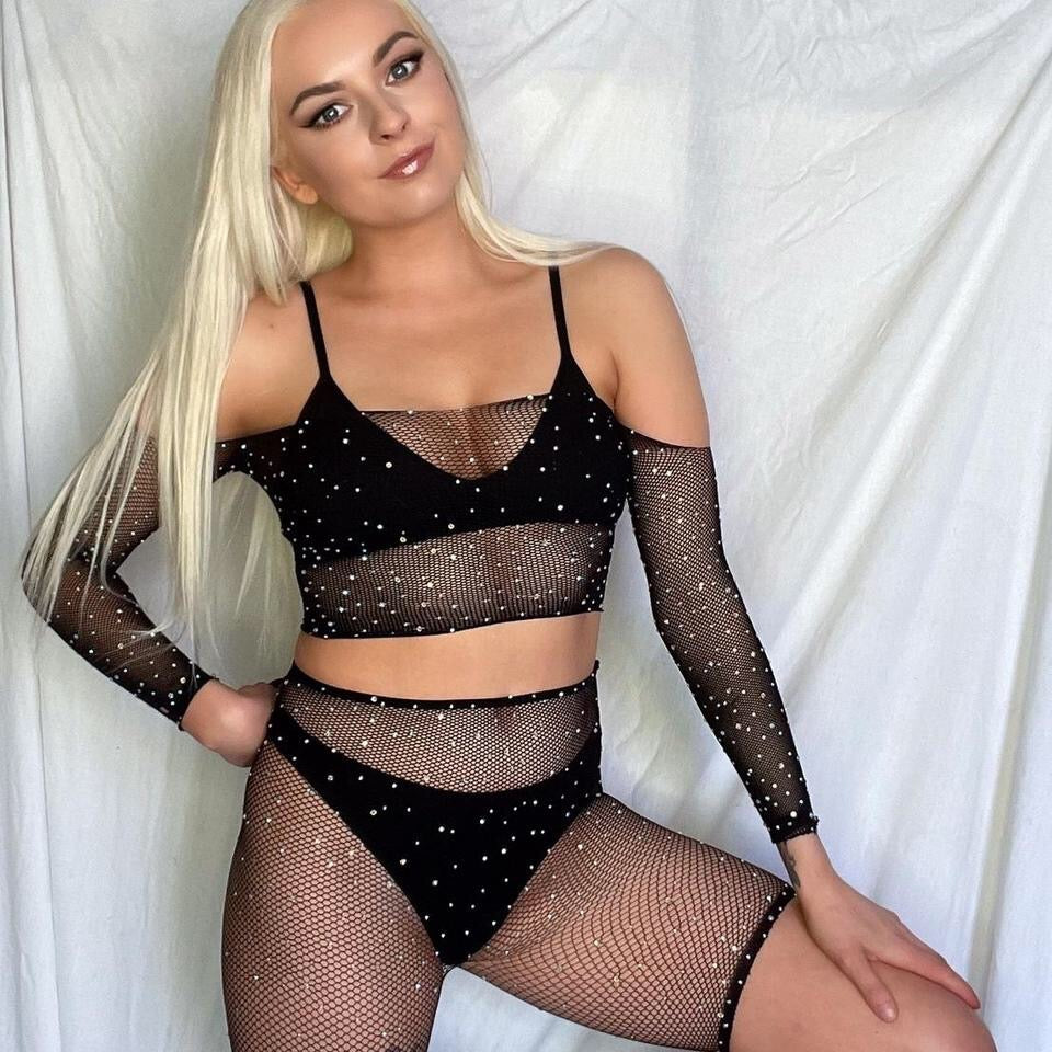 Black Mesh Rhinestone 2 Piece Festival Shorts Set