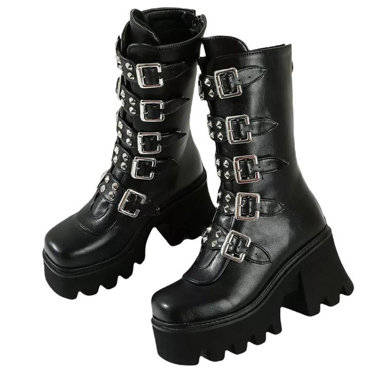 Black Faux Leather Knee High Punk Chunky Boots