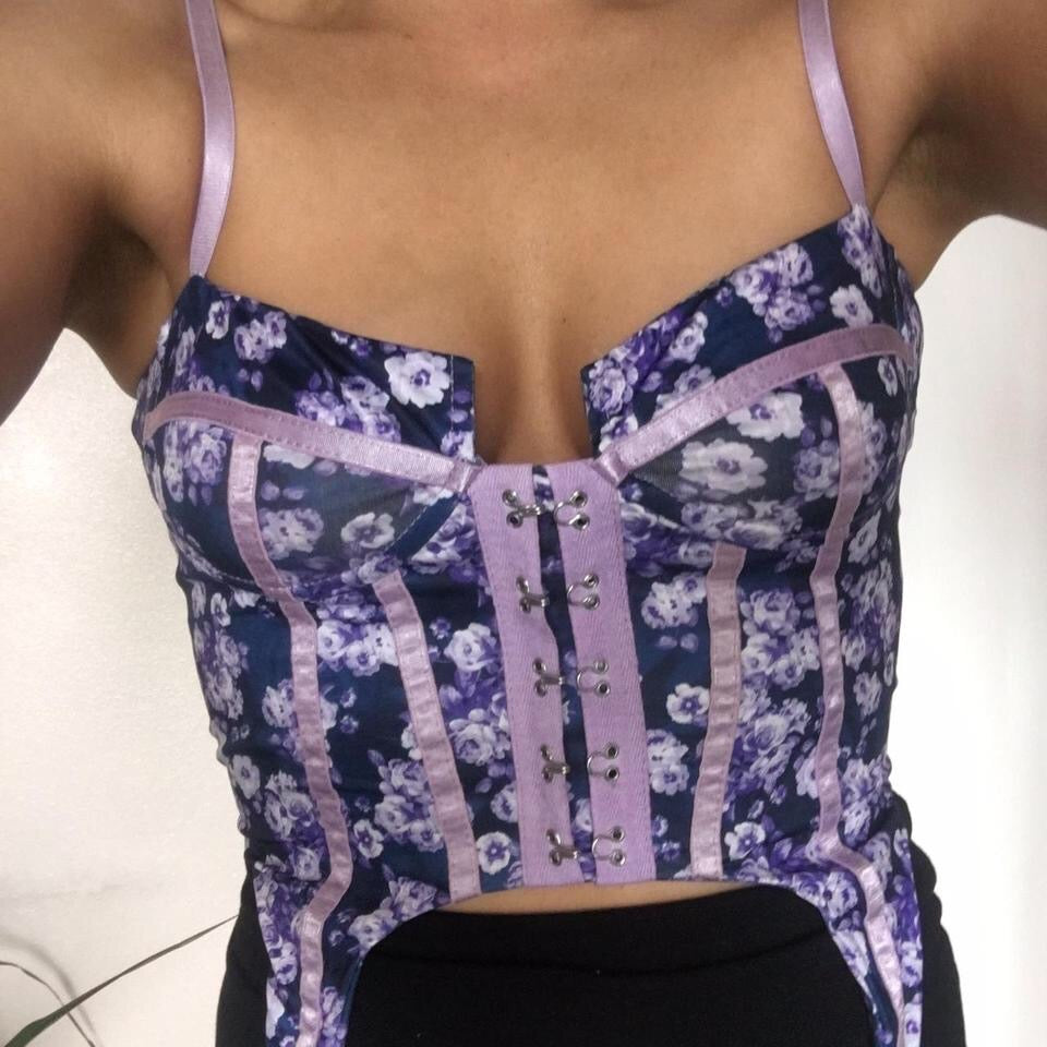 Purple Floral Corset Suspender Crop Top