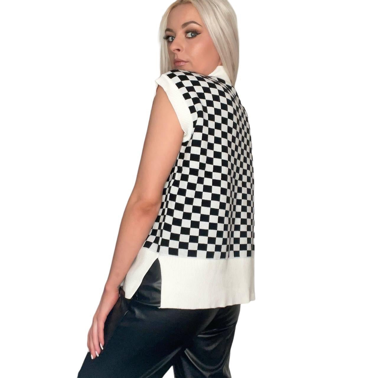 White and Black Checkerboard Knitted Sweater Vest