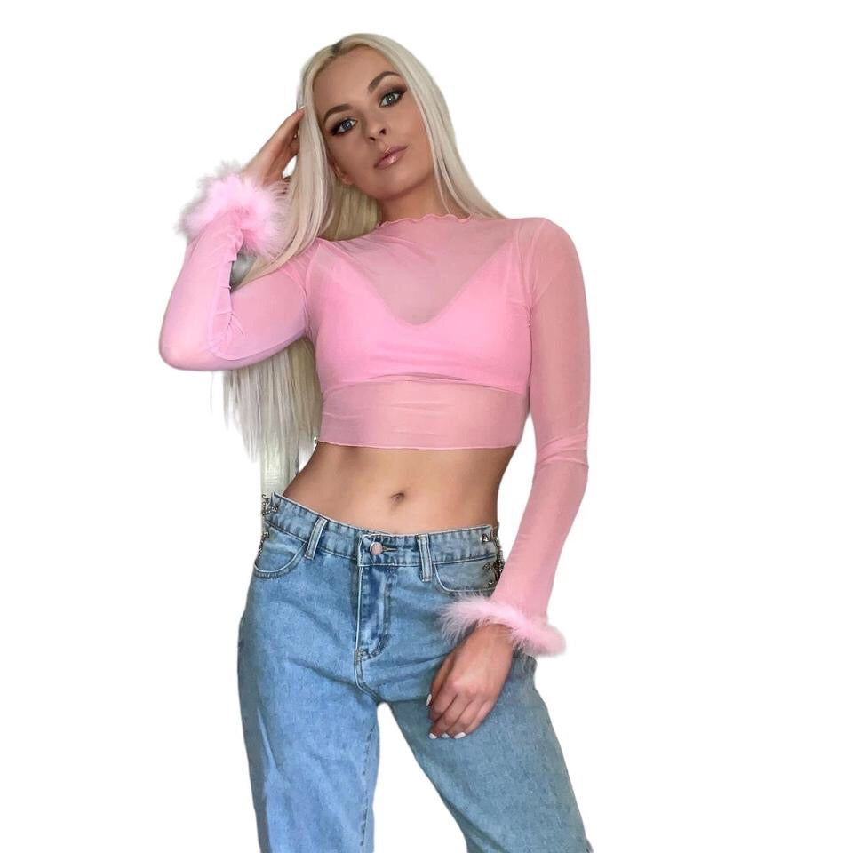 Pink Mesh Fluffy Long Sleeve Crop Top