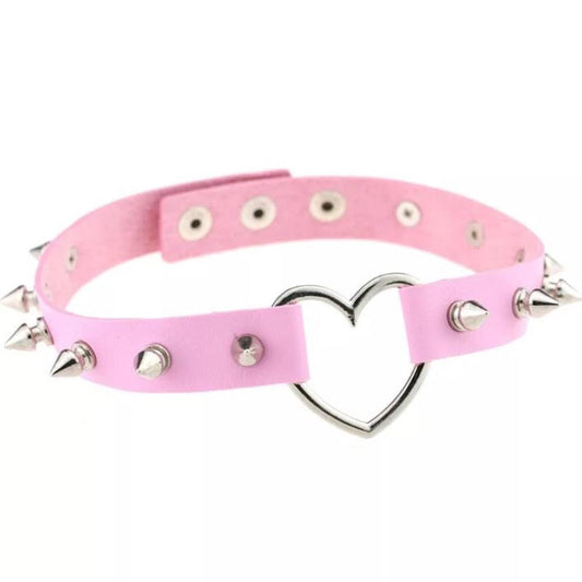 Pink Faux Leather Spike Studded Gothic Choker