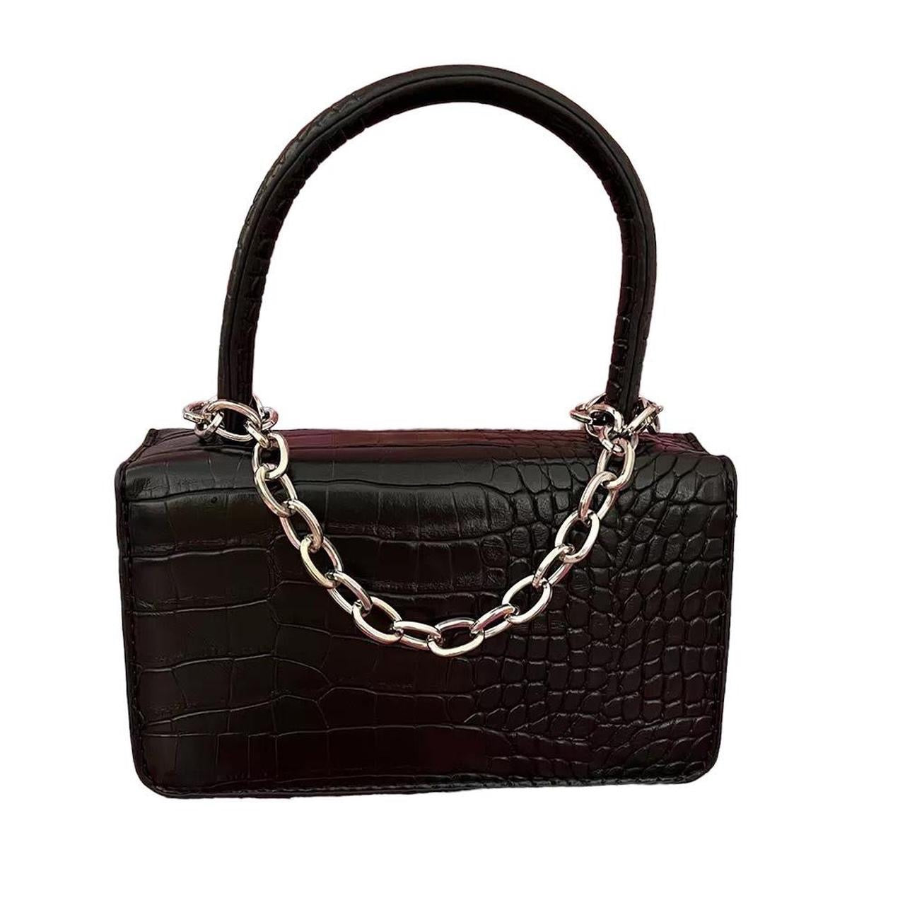 Black Faux Leather Crocodile Print Punk Chain Bag