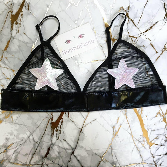 White Sequin Star Patch Mesh Faux Leather Bra