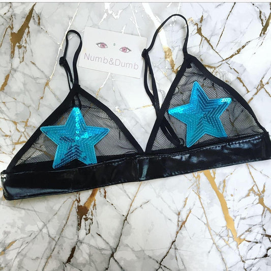 Blue Sequin Star Mesh Faux Leather Bra