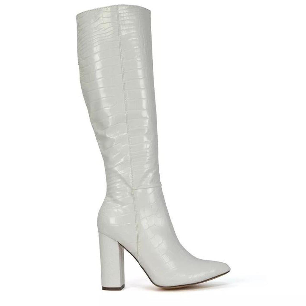 White Faux Leather Crocodile Knee High Heel Boots