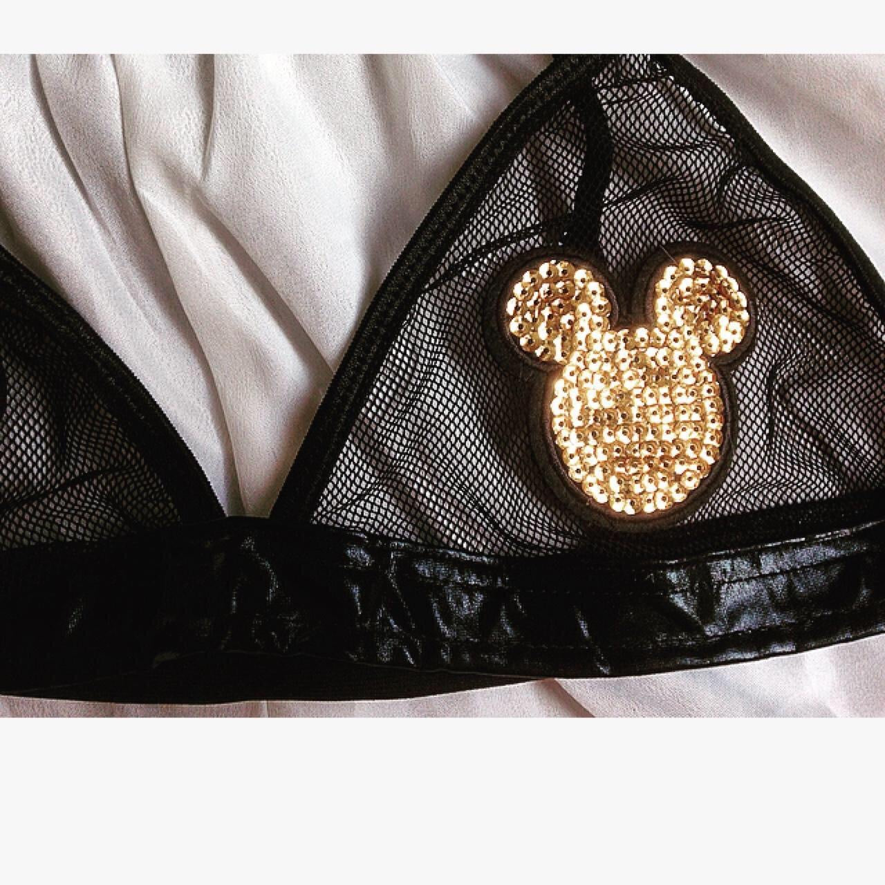 Gold Sequin Mouse Patch Mesh Faux Leather Bra