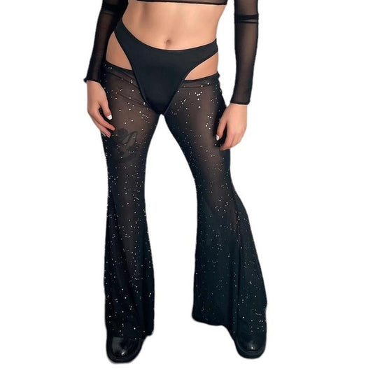 Black Rhinestone Cut Out Mesh Festival Flare Trousers