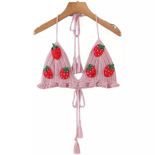 Pink Crochet Knitted Strawberry Triangle Bralet