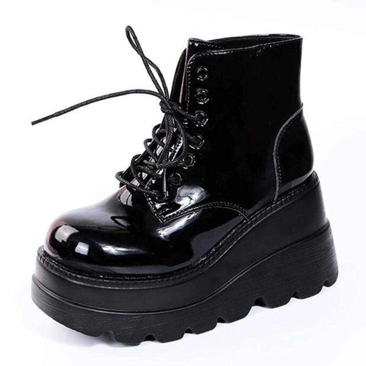 Black Patent Faux Leather Lace Up Platform Boots