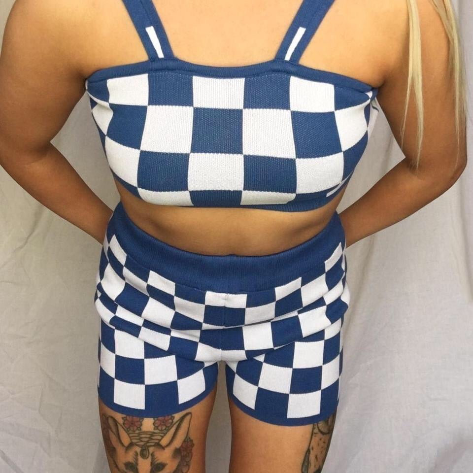 Knitted Blue Checkerboard 2 Piece Shorts Set