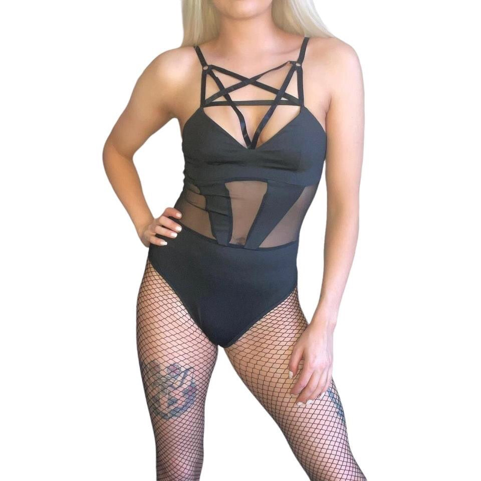 Black Pentagram Cage Mesh Bodysuit