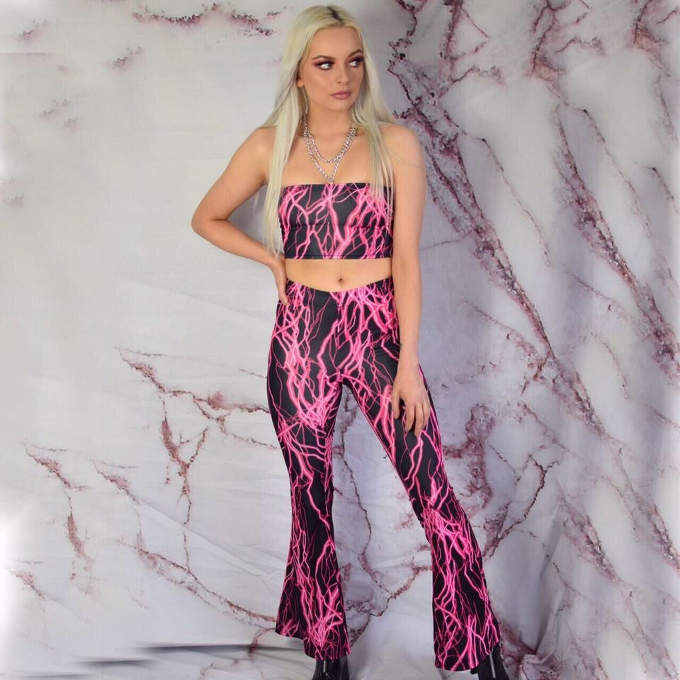 Pink Lightening Print 2 Piece Flare Trousers Set