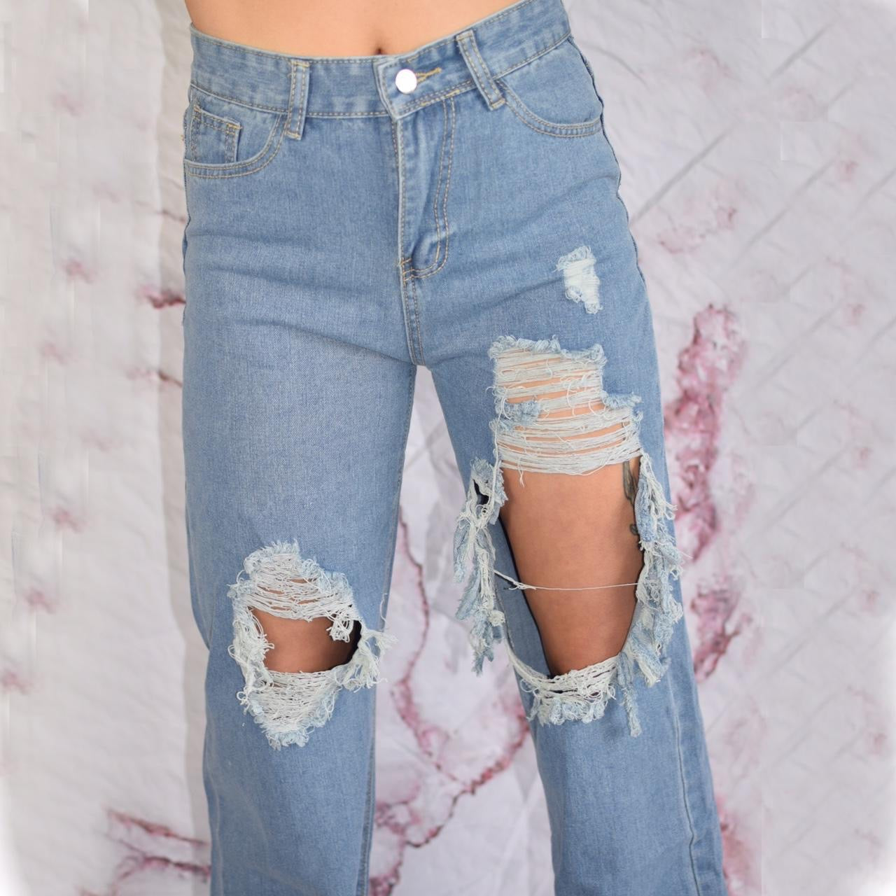 Blue Distressed Wide Leg Baggy Jeans