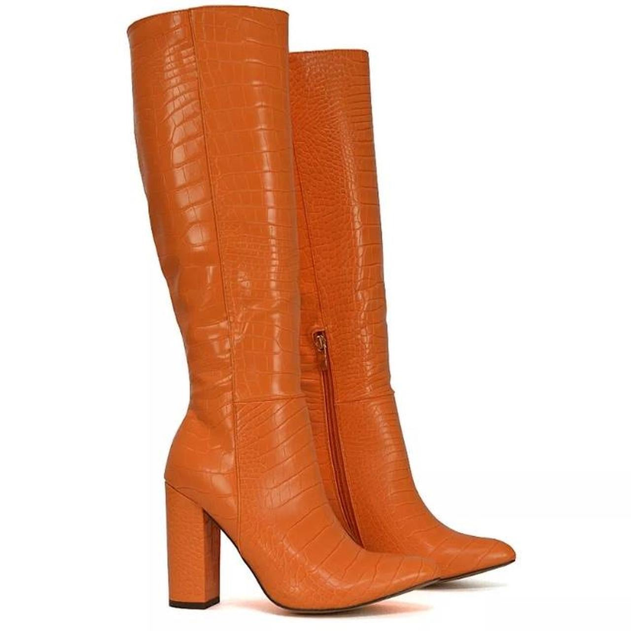 Orange Faux Leather Crocodile Knee High Heel Boots