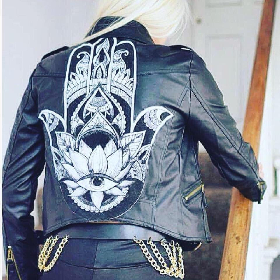 Black Faux Leather Hamsa Patch Biker Jacket