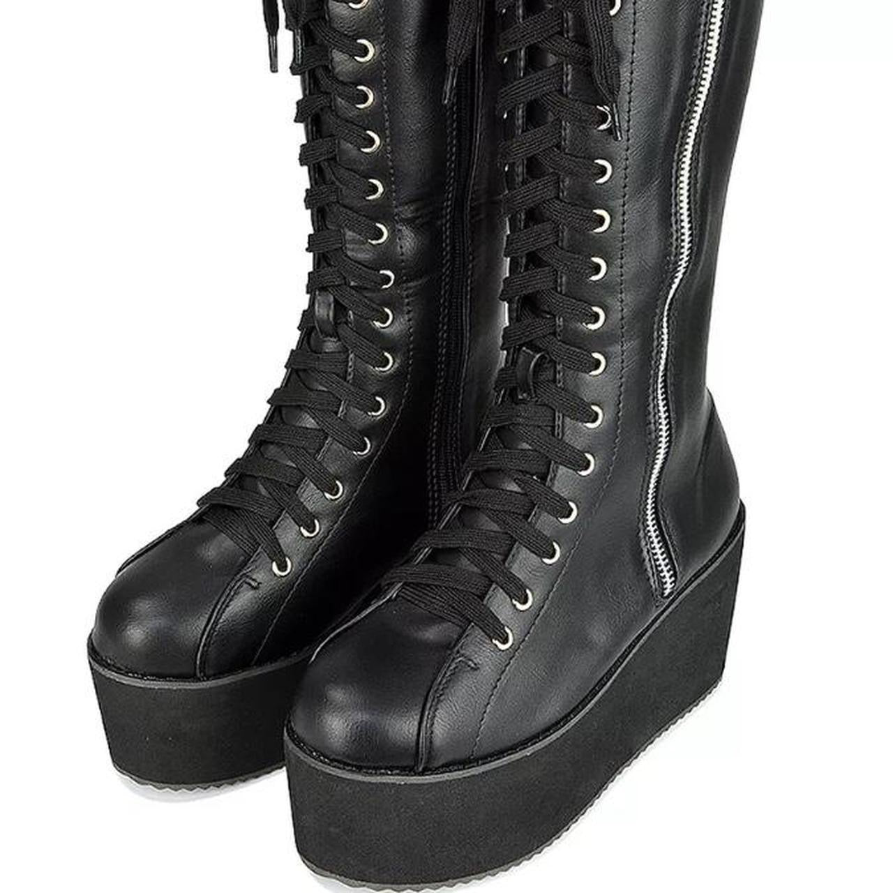 Black Faux Leather Knee High Platform Boots