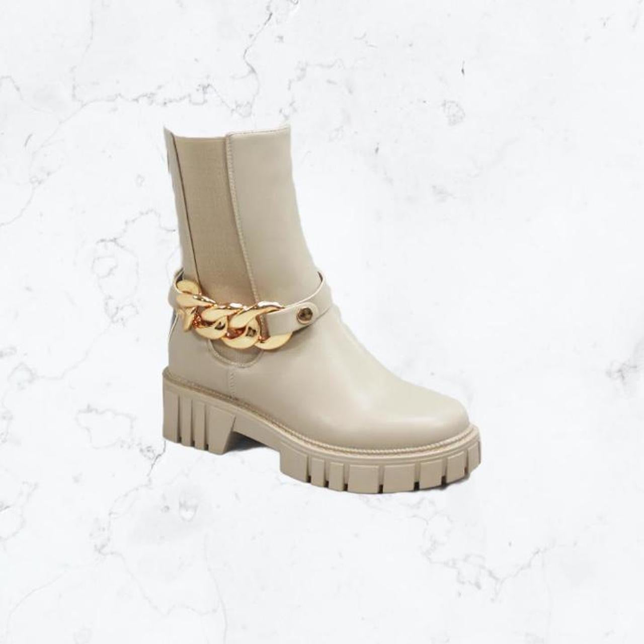 Cream Faux Leather Gold Chain Ankle Boots