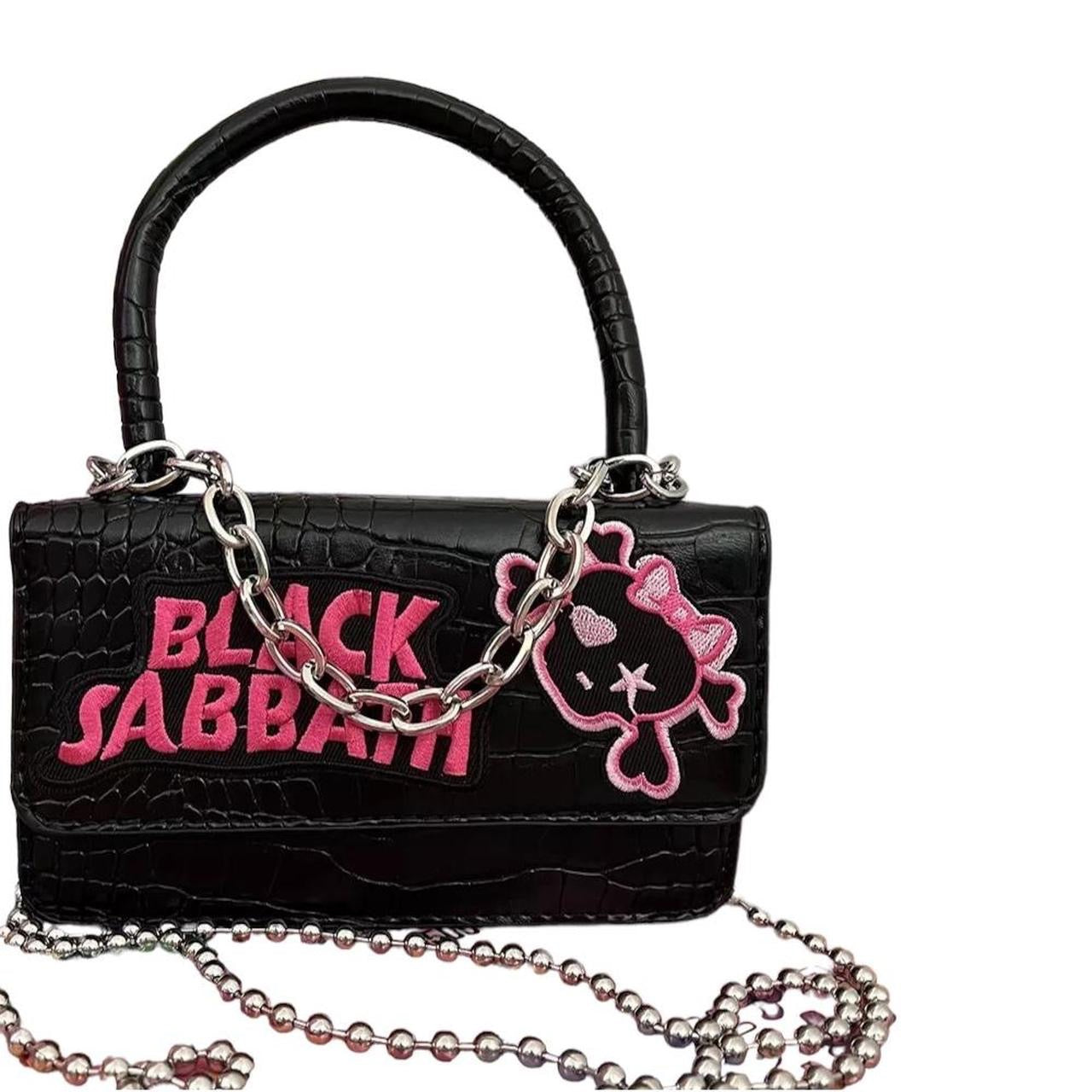 Black Faux Leather Crocodile Print Punk Chain Bag