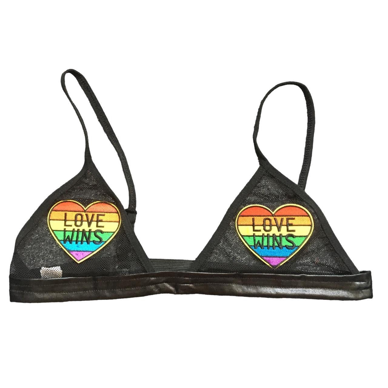 Love Wins Rainbow Heart Patch Mesh Faux Leather Bra