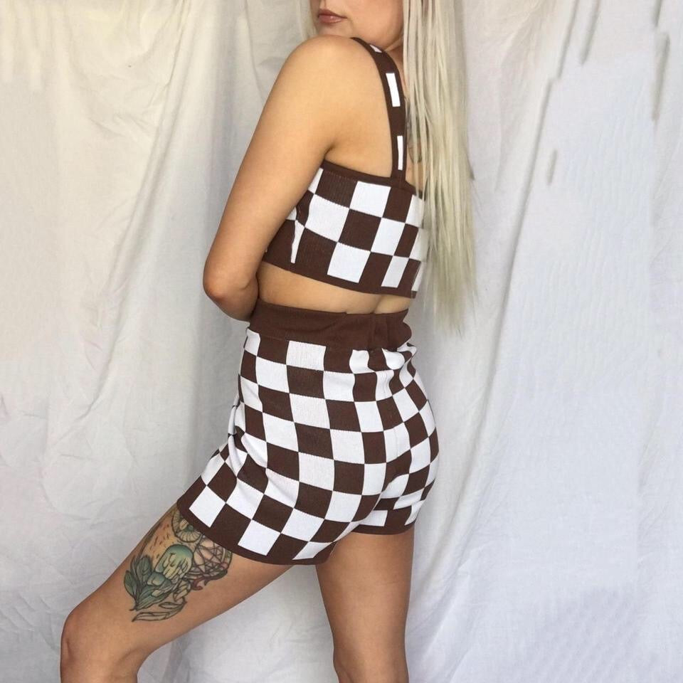 Brown Checkerboard Knitted Shorts Set