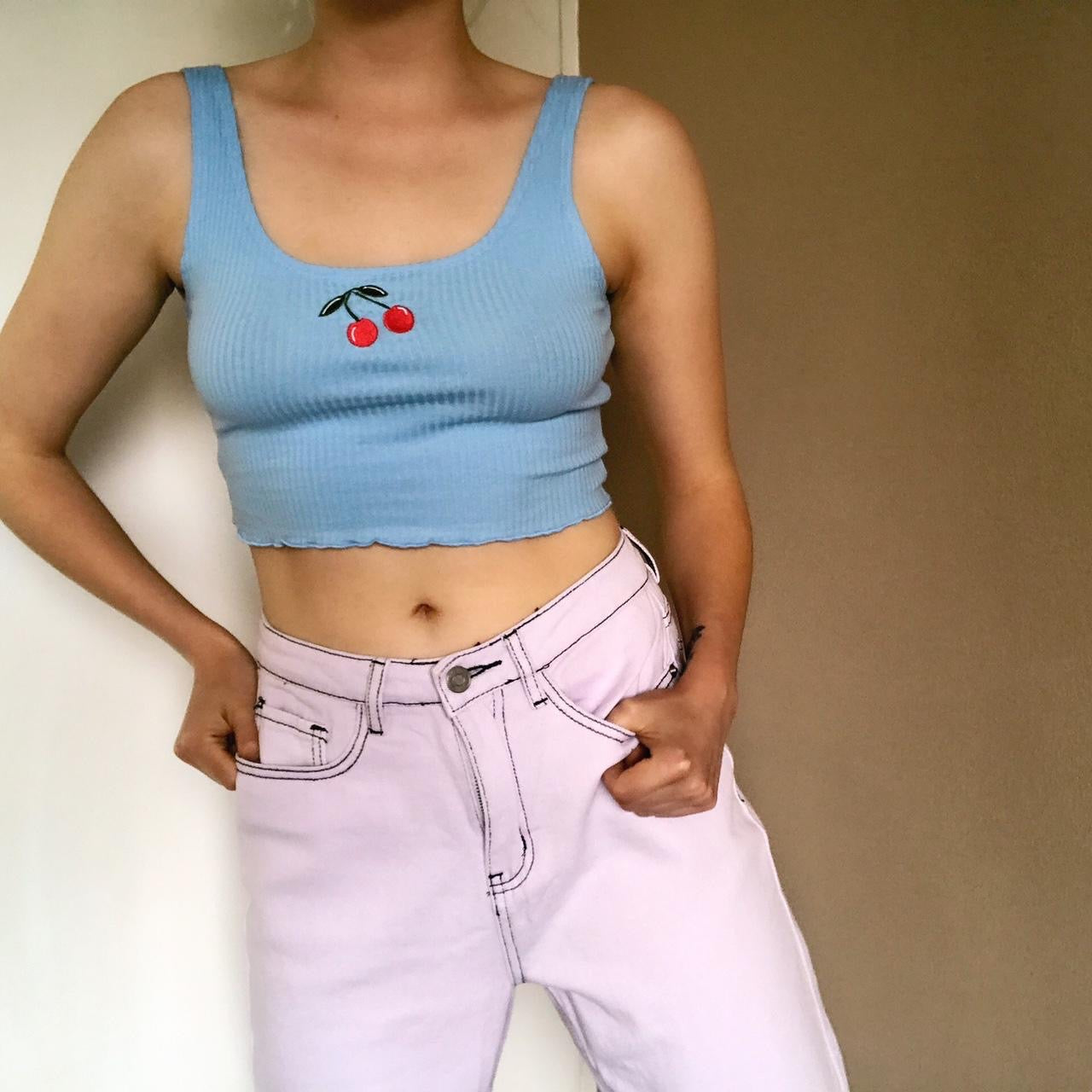 Blue Cherry Embroidered Crop Top