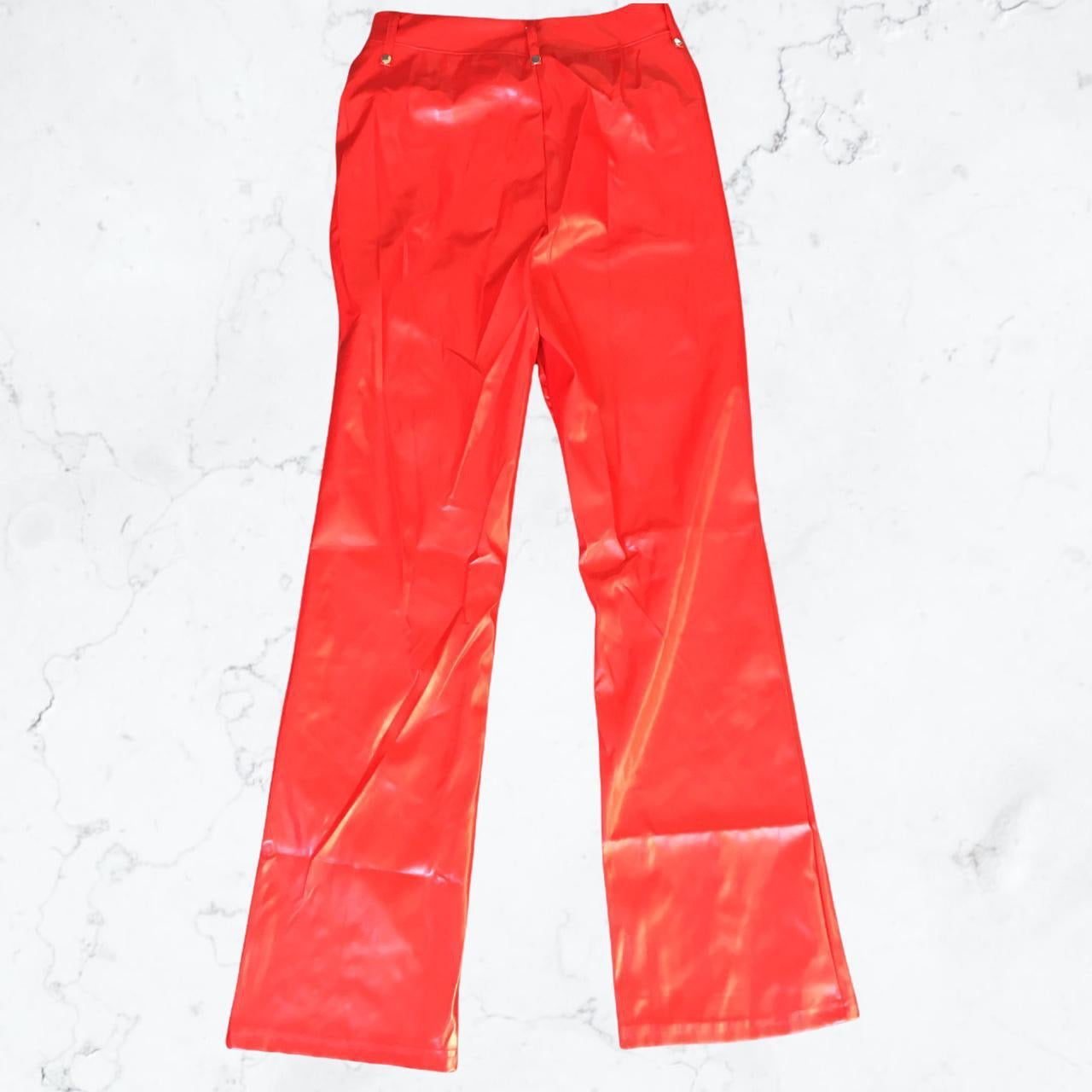 Red Faux Leather Lace Up Straight Leg Trousers