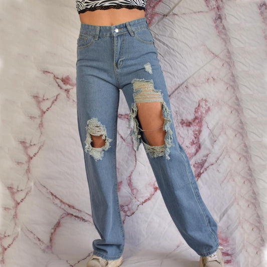 Blue Distressed Wide Leg Baggy Jeans