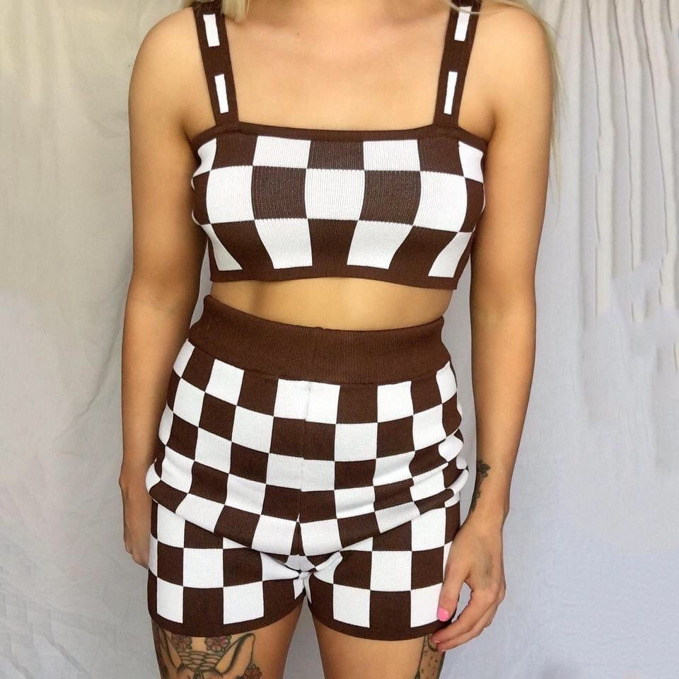 Brown Checkerboard Knitted Shorts Set