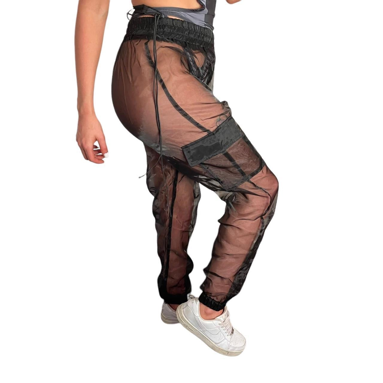 Black Sheer Mesh High Waisted Cargo Trousers