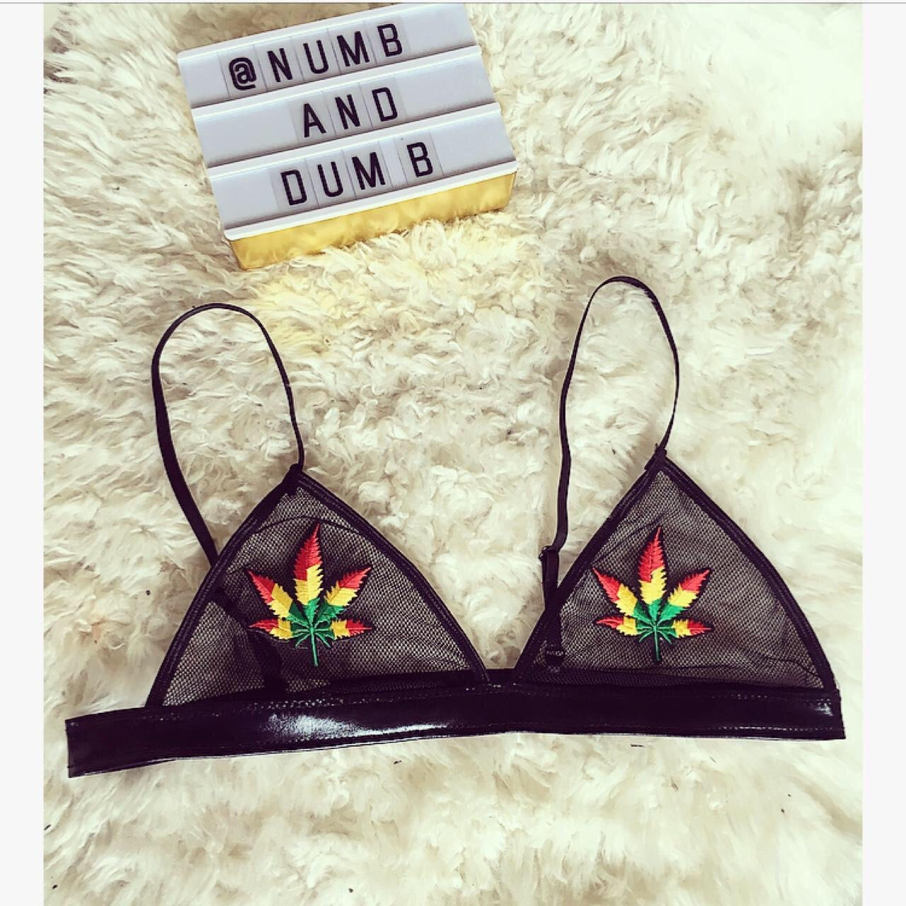 Weed Leaf Patch Mesh Faux Leather Bra