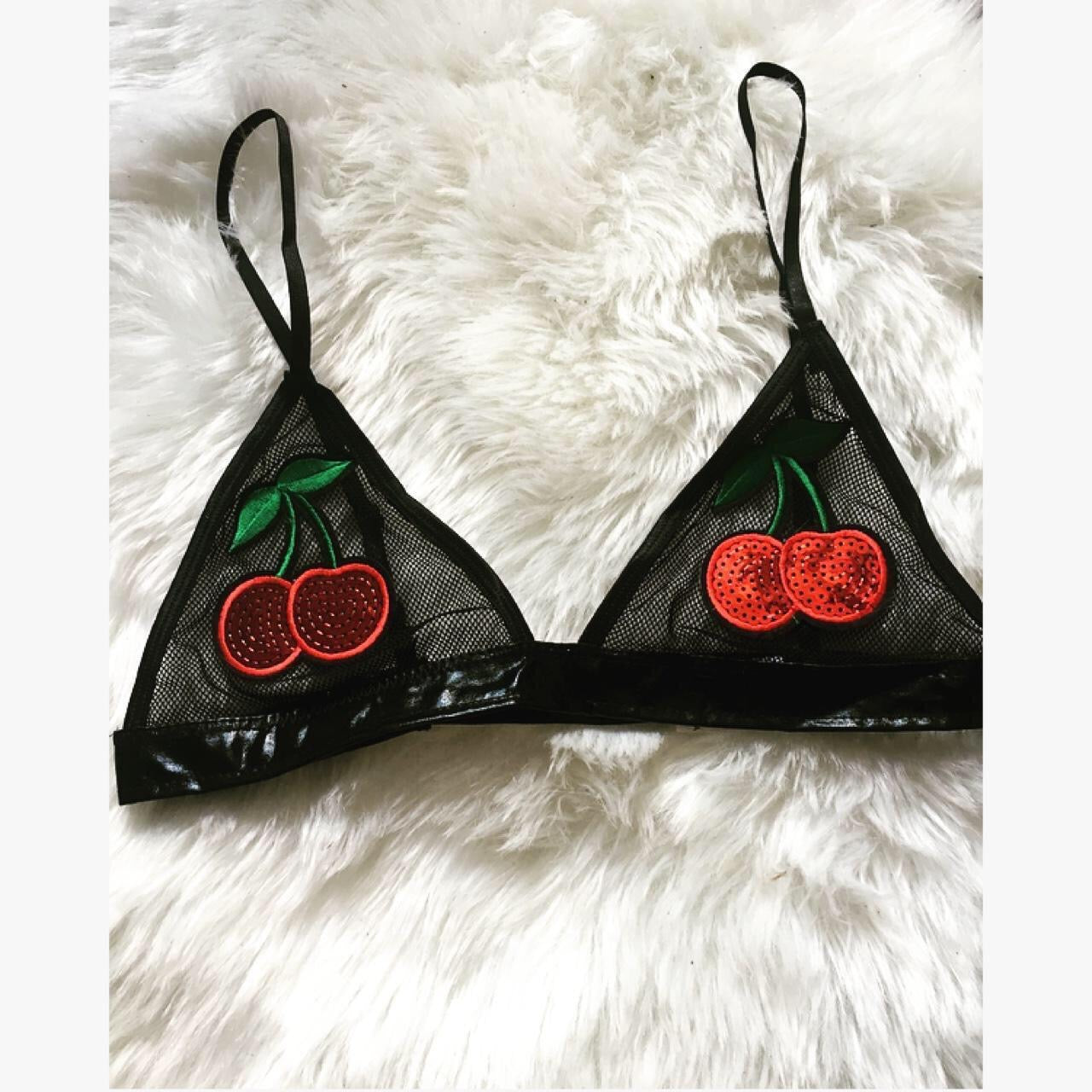 Sequin Cherry Patch Mesh Faux Leather Bra