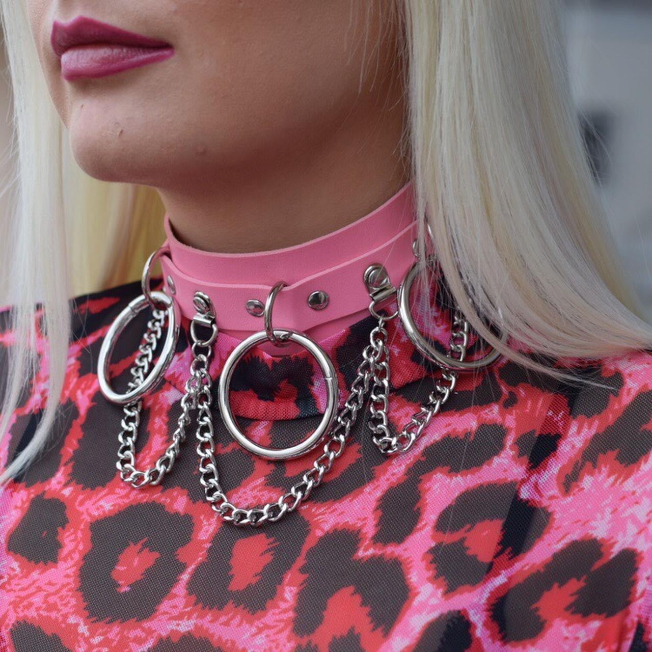 Pink Faux Leather Gothic Chain Choker