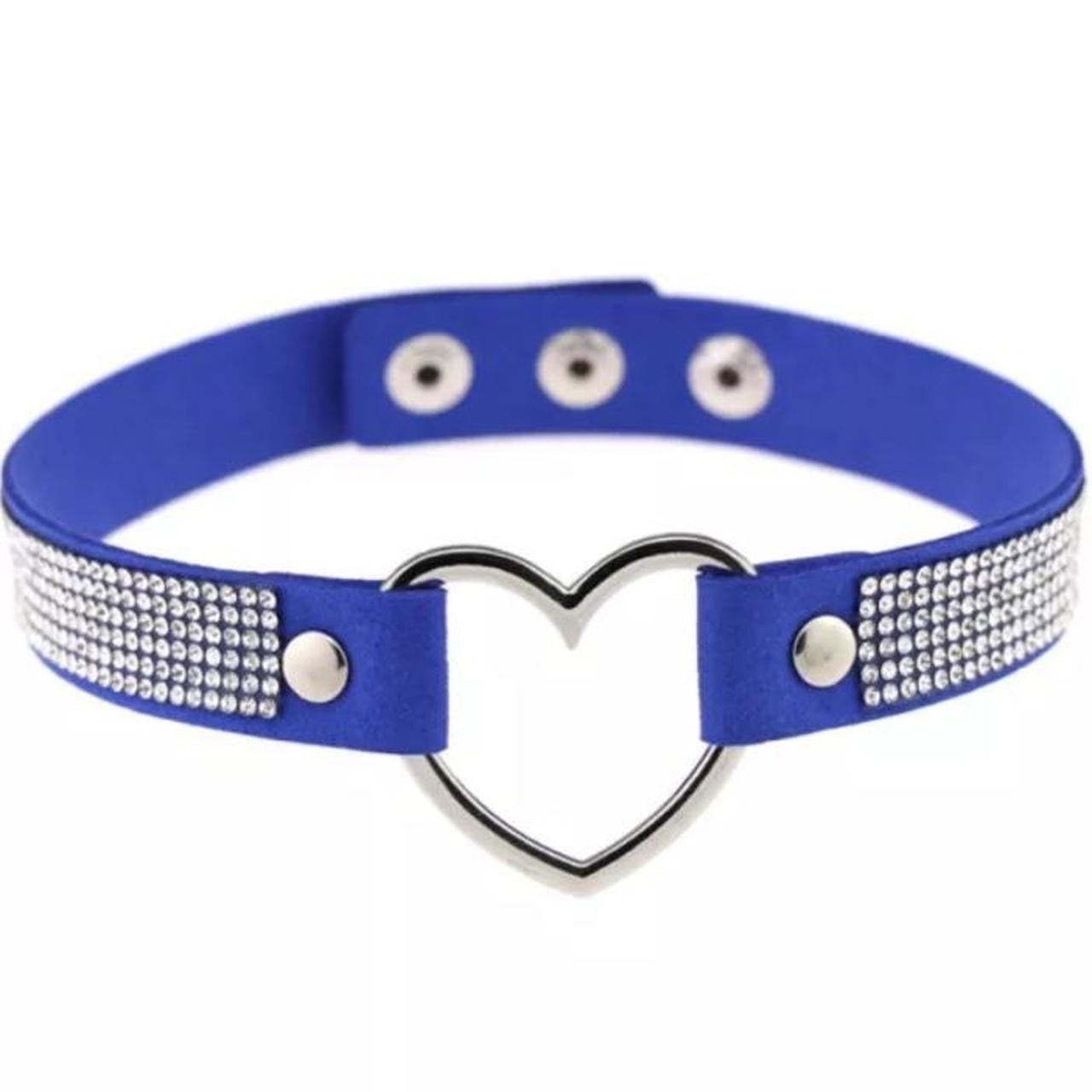 Blue Faux Leather Rhinestone Heart ring Choker