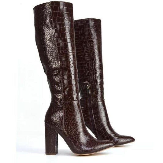 Brown Faux Leather Crocodile Knee High Heel Boots