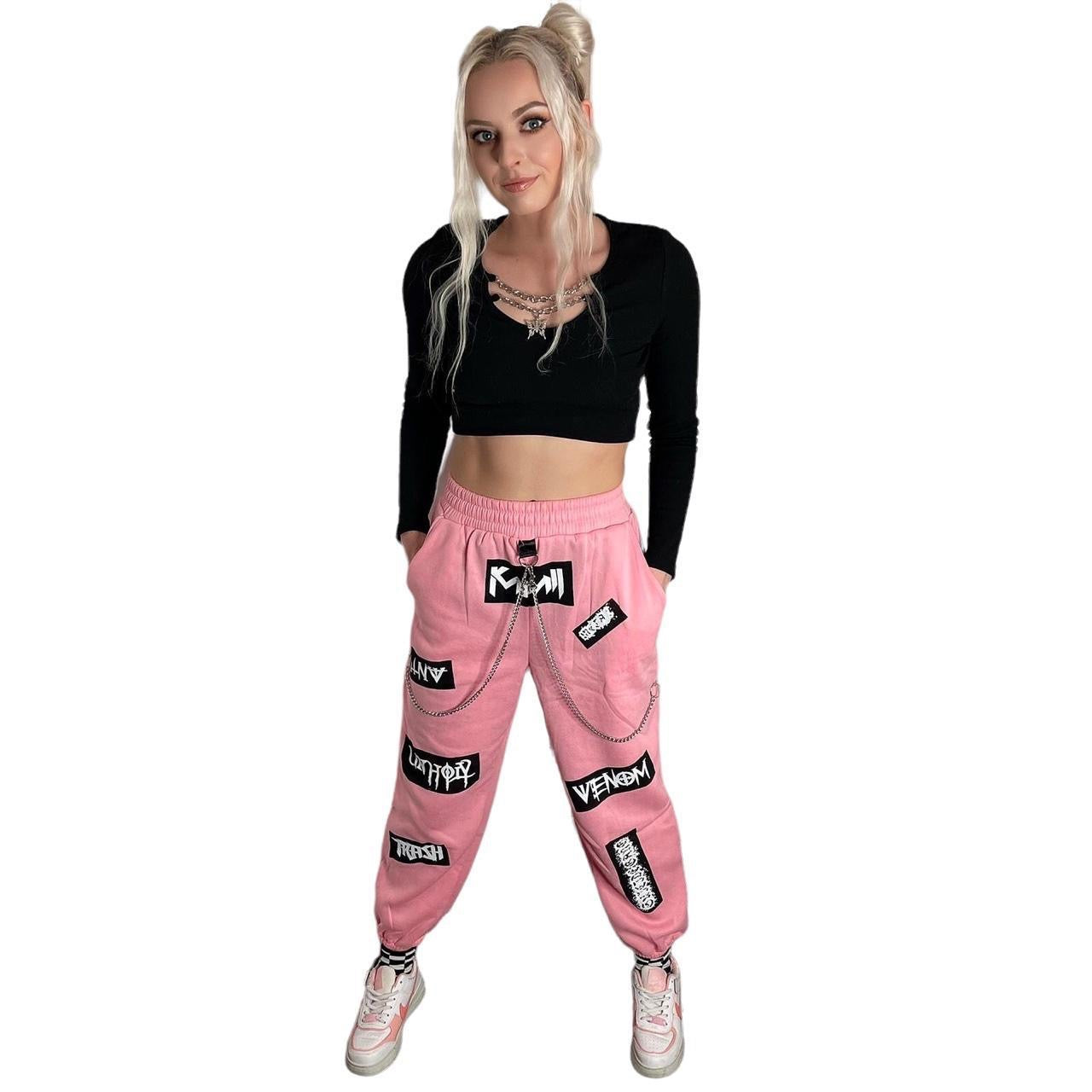 Pink Punk Chain Patch Casual Jogging Bottoms