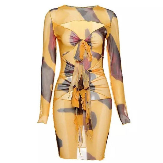 Orange Mesh Tie Dye Long Sleeve Tie Bodycon Dress