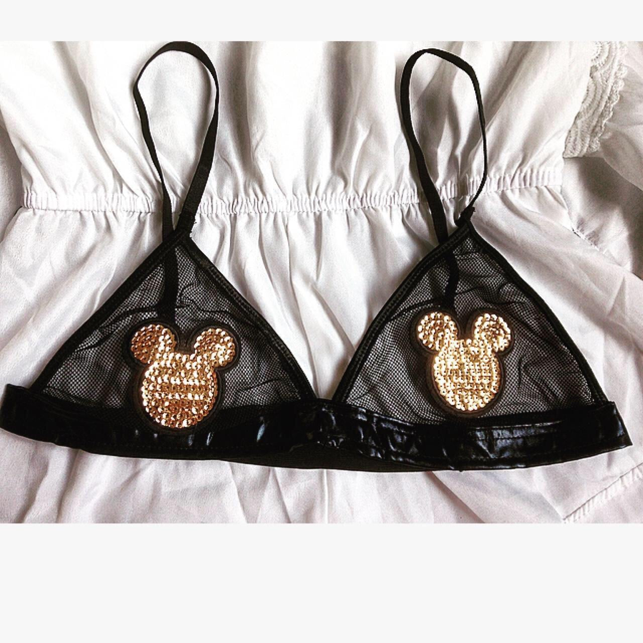 Gold Sequin Mouse Patch Mesh Faux Leather Bra