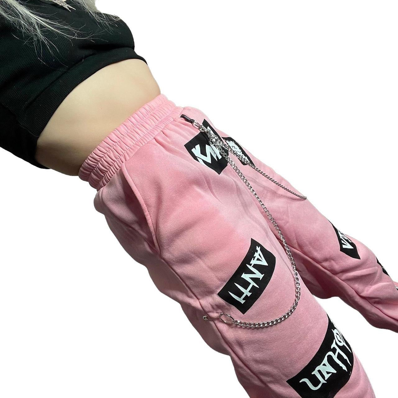 Pink Punk Chain Patch Casual Jogging Bottoms