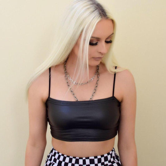 Black Faux Leather Spaghetti Strap Crop Top