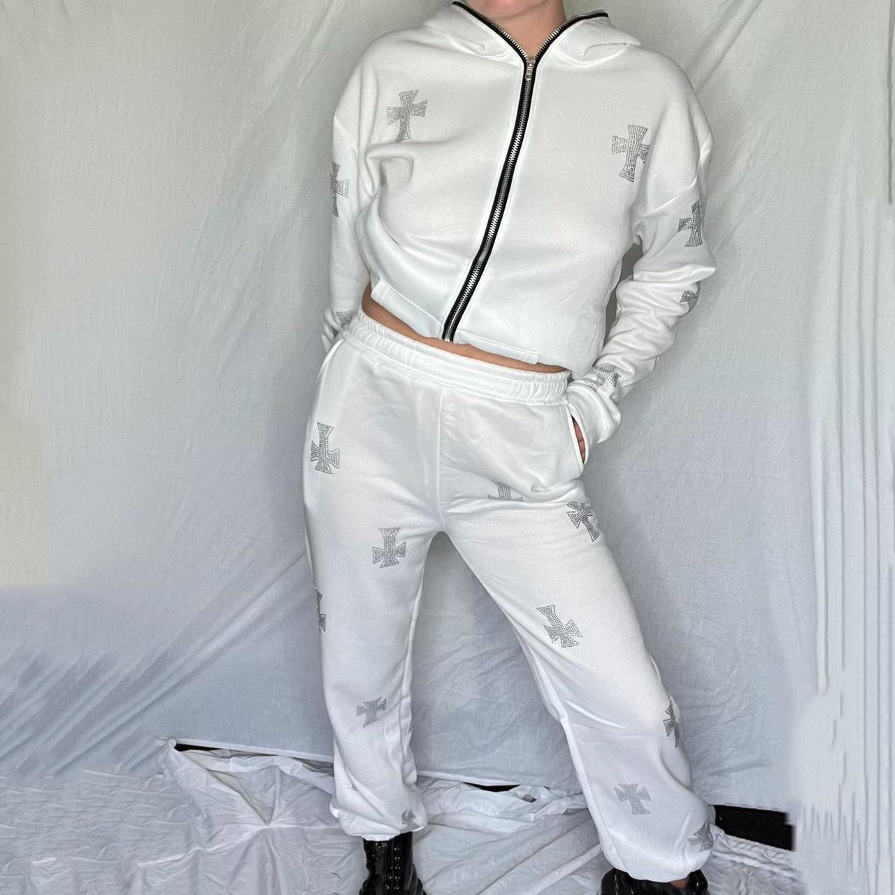 White Rhinestone Cross Tracksuit Set