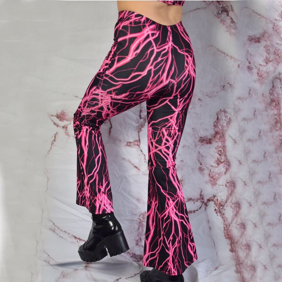 Pink Lightening Print 2 Piece Flare Trousers Set