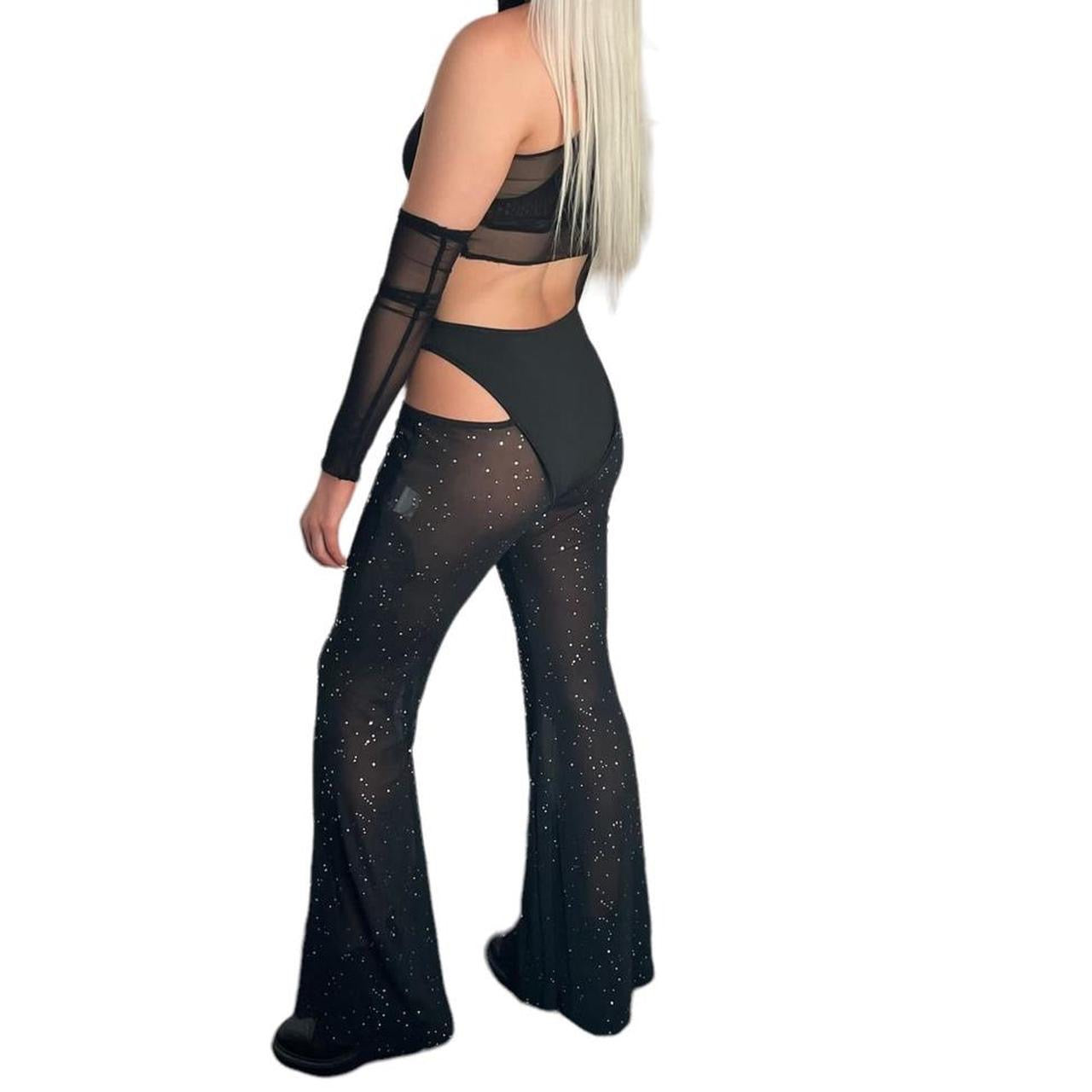 Black Rhinestone Cut Out Mesh Festival Flare Trousers