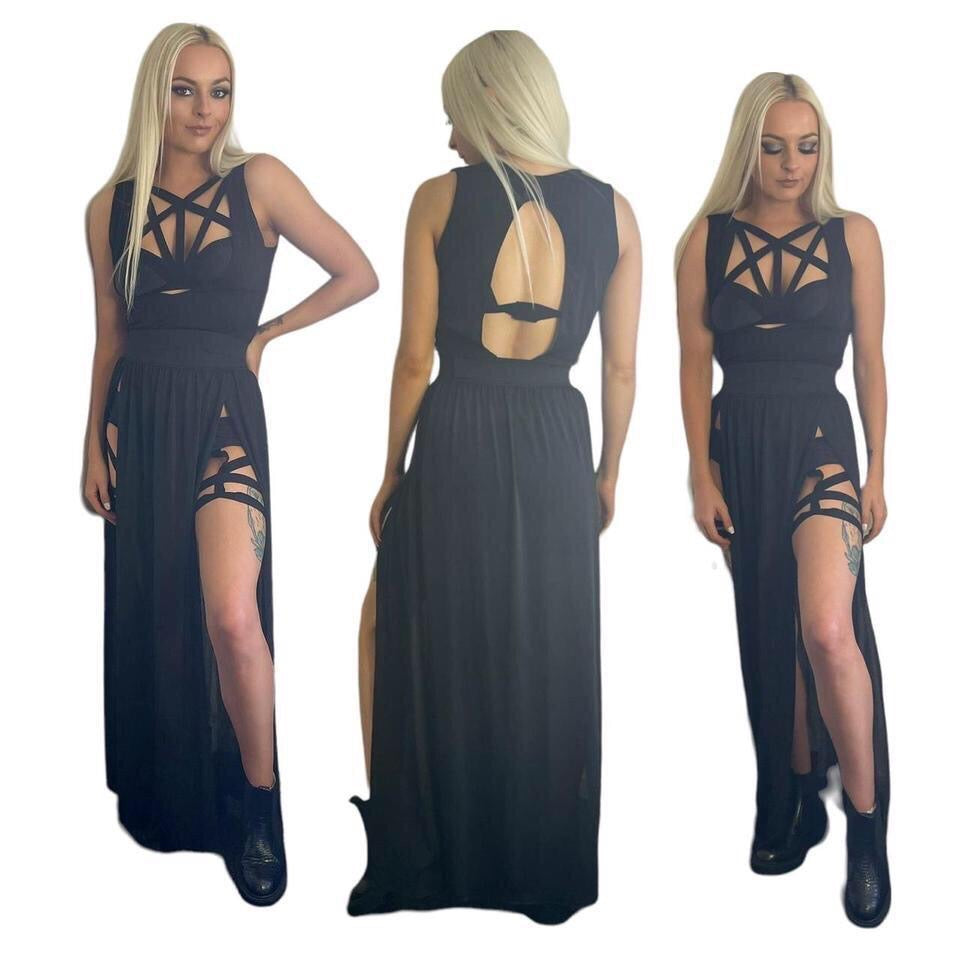 Black Pentagram Harness Gothic Maxi Techno Dress