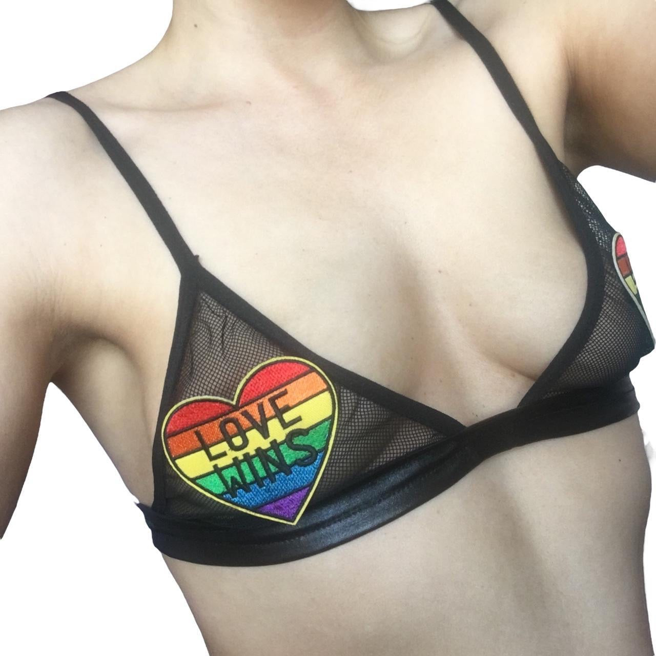 Love Wins Rainbow Heart Patch Mesh Faux Leather Bra